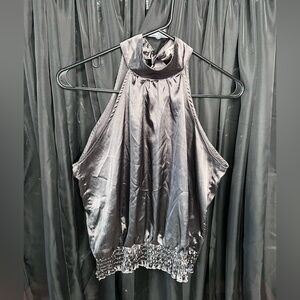 Gray Satin Halter Tie-Neck Blouse | Smocked Waist | Size S/M